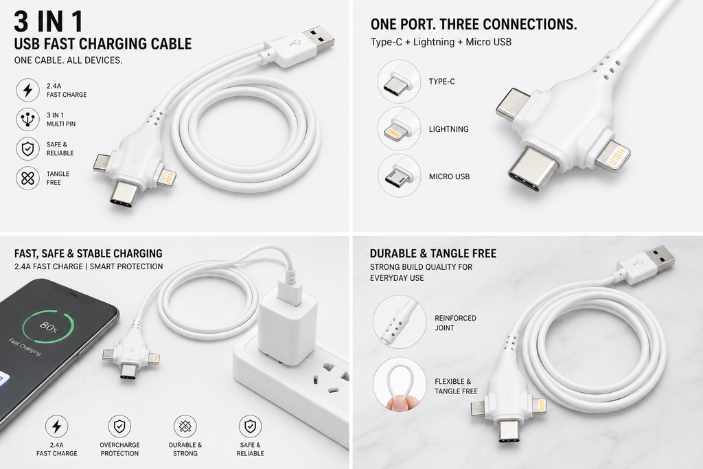 3-in-1 120W Fast Charging Cable 1.2M | USB-C to Lightning, USB-C & Micro USB | Braided Data Cable