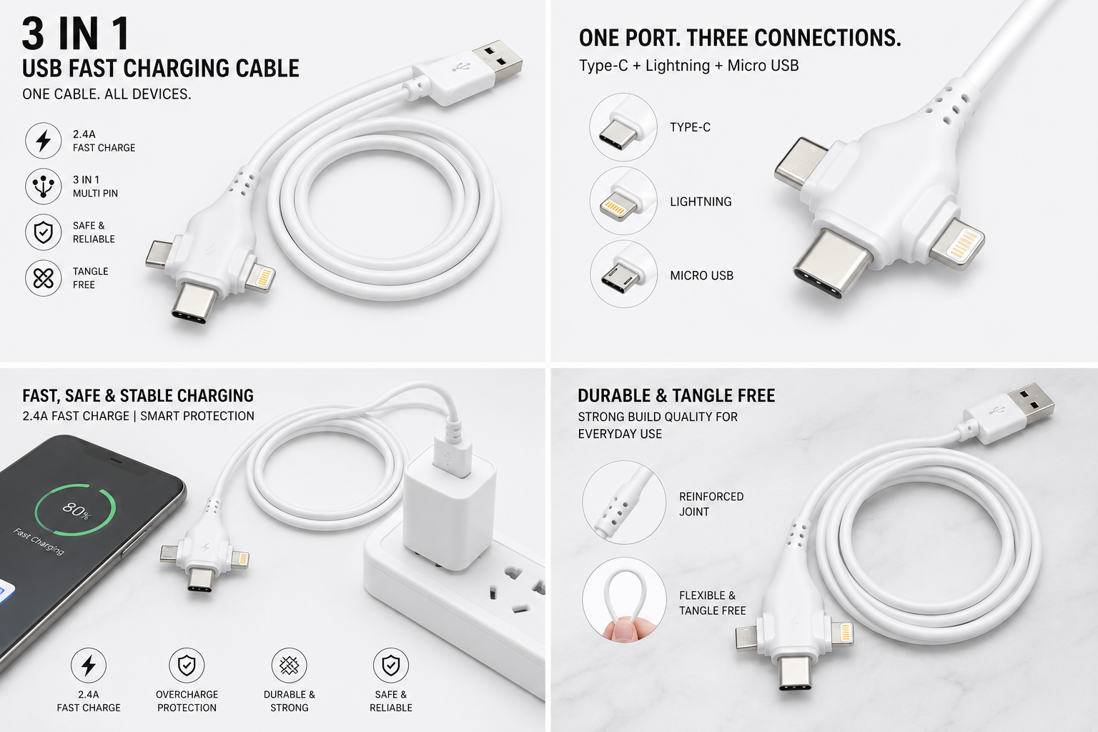 3-in-1 120W Fast Charging Cable 1.2M | USB-C to Lightning, USB-C & Micro USB | Braided Data Cable