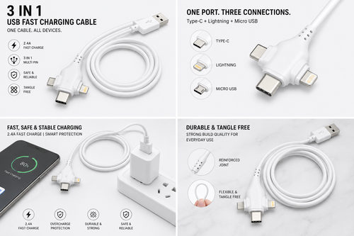 3-in-1 120W Fast Charging Cable 1.2M | USB-C to Lightning, USB-C & Micro USB | Braided Data Cable