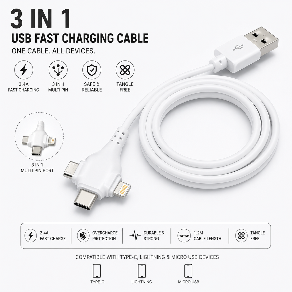 3-in-1 120W Fast Charging Cable 1.2M | USB-C to Lightning, USB-C & Micro USB | Braided Data Cable