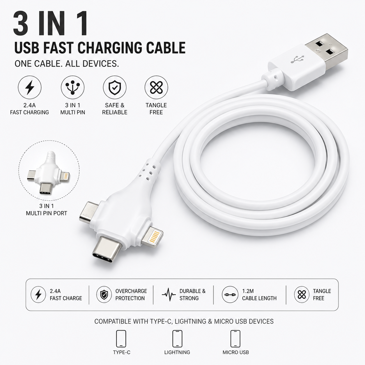 3-in-1 120W Fast Charging Cable 1.2M | USB-C to Lightning, USB-C & Micro USB | Braided Data Cable