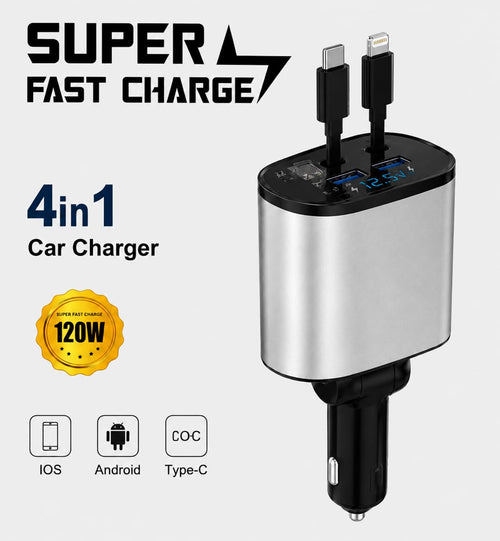 120W 4-in-1 Car Charger with Built-in Type-C & Lightning Cables
