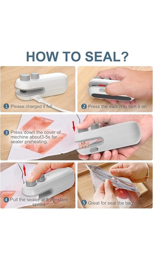 Portable Mini Bag Sealing Machine with Cutter & Magnet – USB Rechargeable