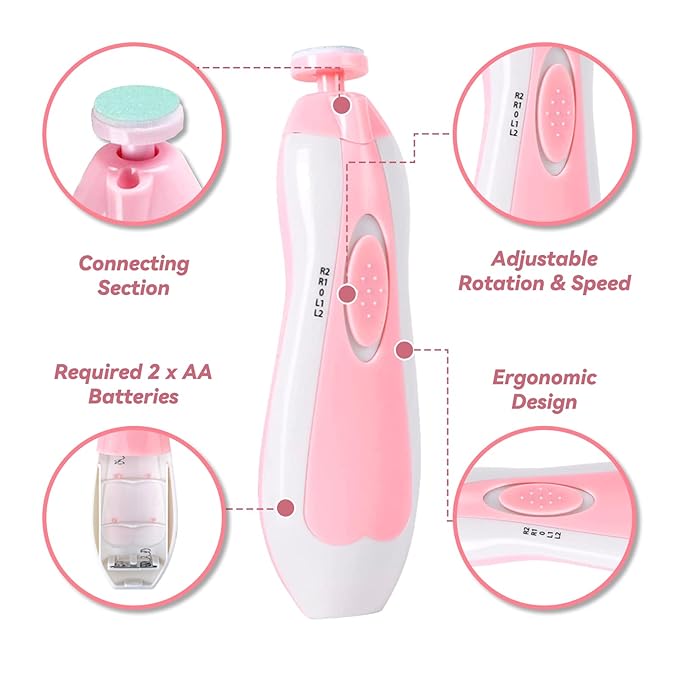 Baby Nail File Electric Trimmer With 6 Grinding Heads - Pink