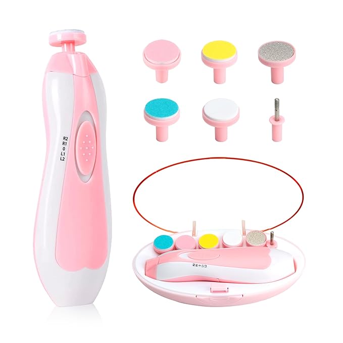 Baby Nail File Electric Trimmer With 6 Grinding Heads - Pink