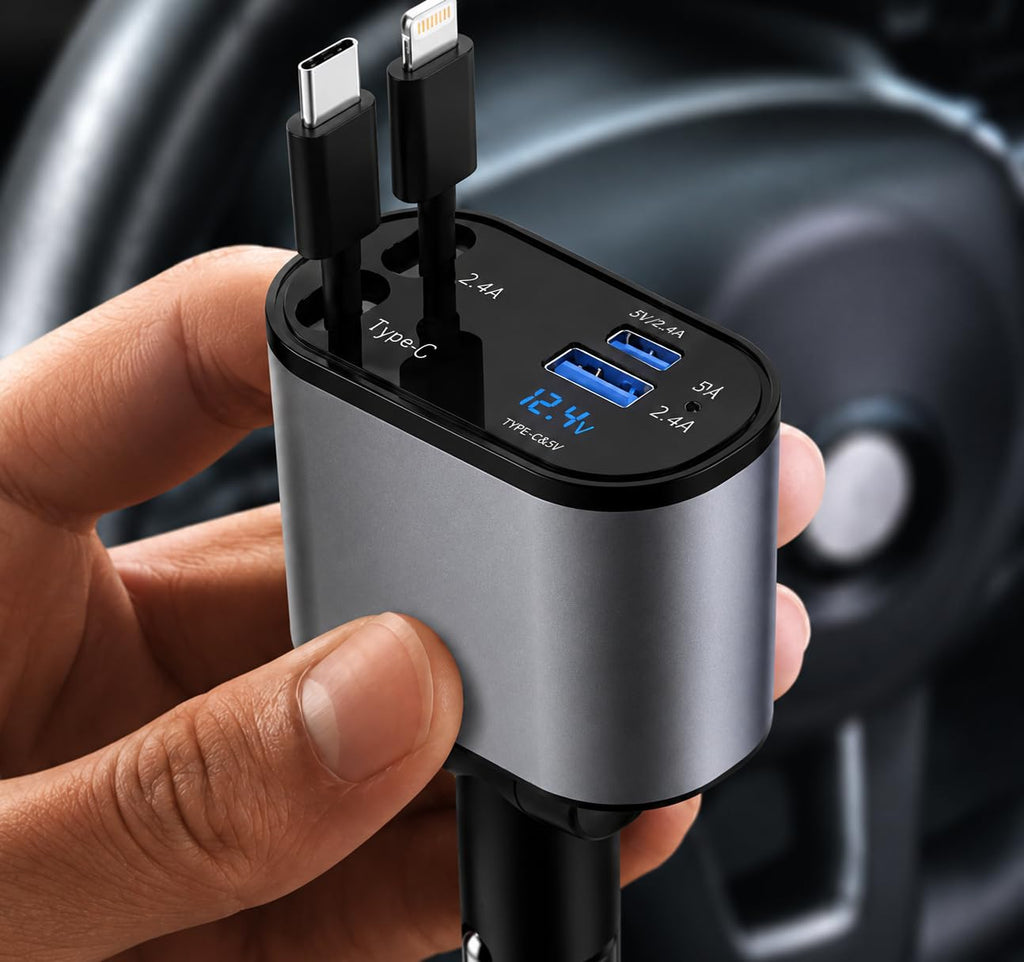 120W 4-in-1 Car Charger with Built-in Type-C & Lightning Cables