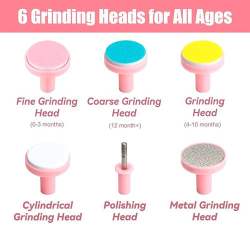 Baby Nail File Electric Trimmer With 6 Grinding Heads - Pink