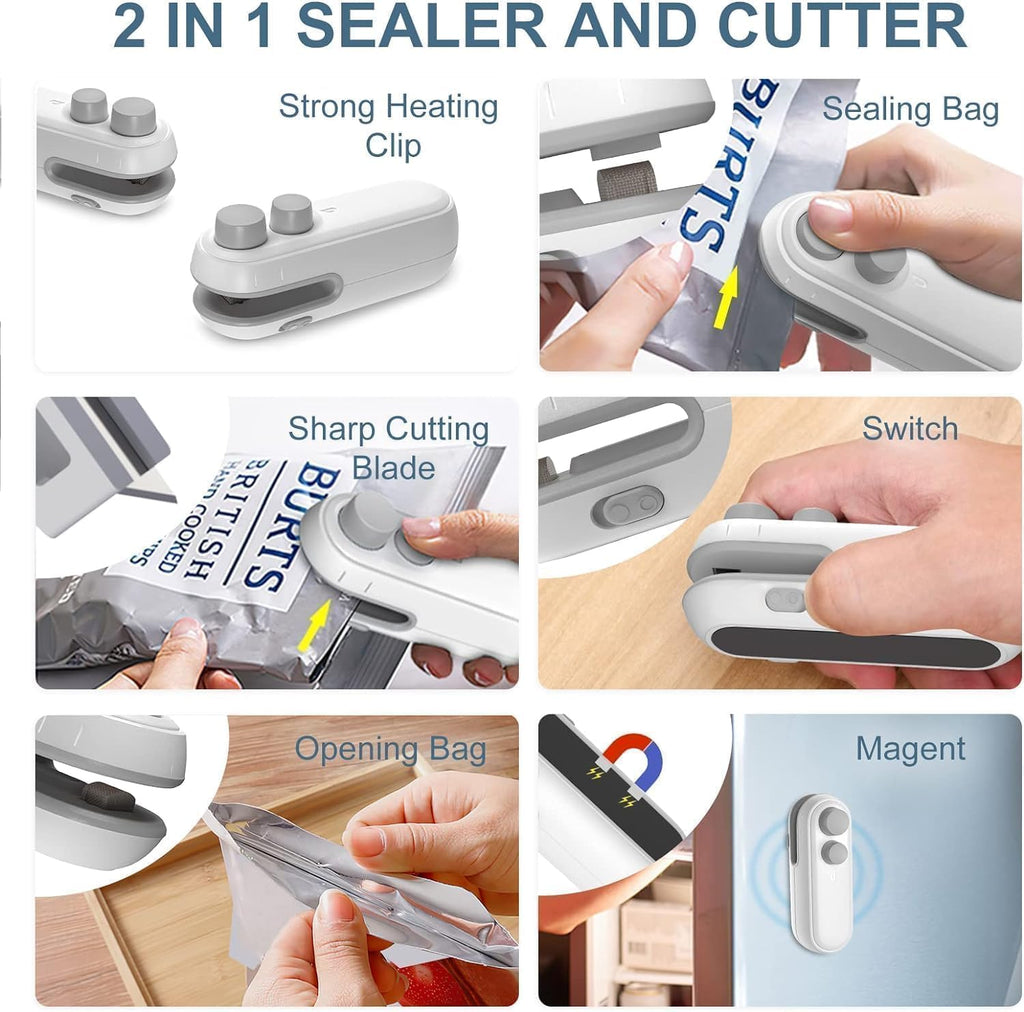 Portable Mini Bag Sealing Machine with Cutter & Magnet – USB Rechargeable