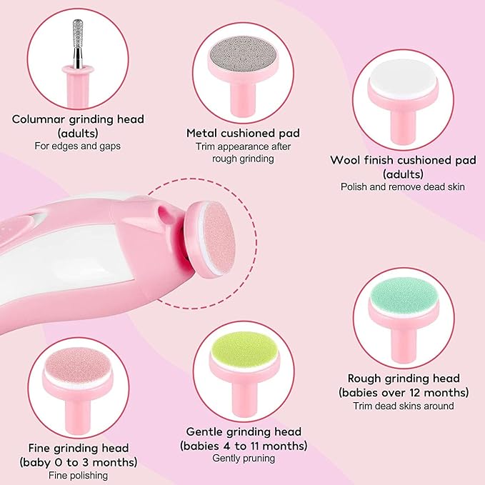 Baby Nail File Electric Trimmer With 6 Grinding Heads - Pink