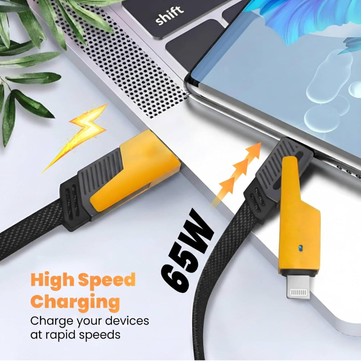 4-in-1 65W Fast Charging Cable | USB-A to USB-C/Lightning | Braided Multi-Device Cable