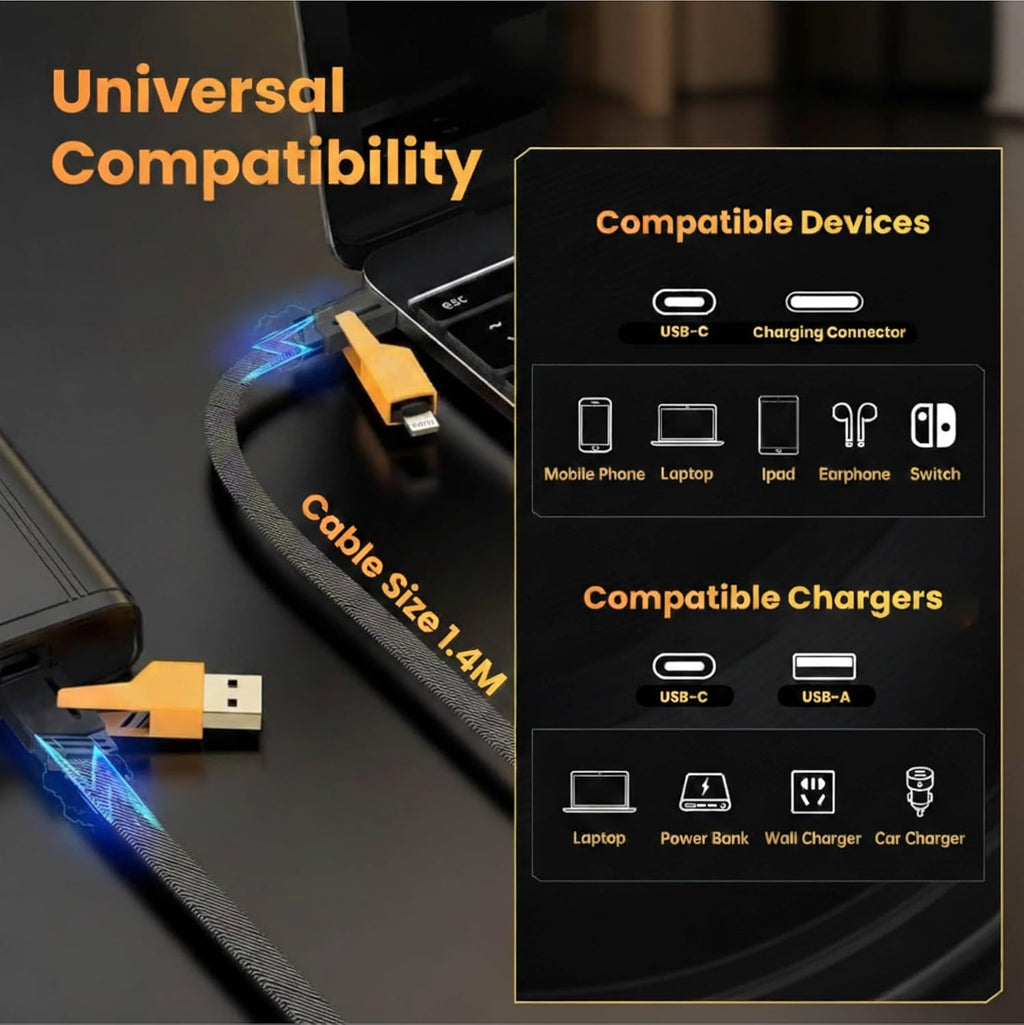 4-in-1 65W Fast Charging Cable | USB-A to USB-C/Lightning | Braided Multi-Device Cable