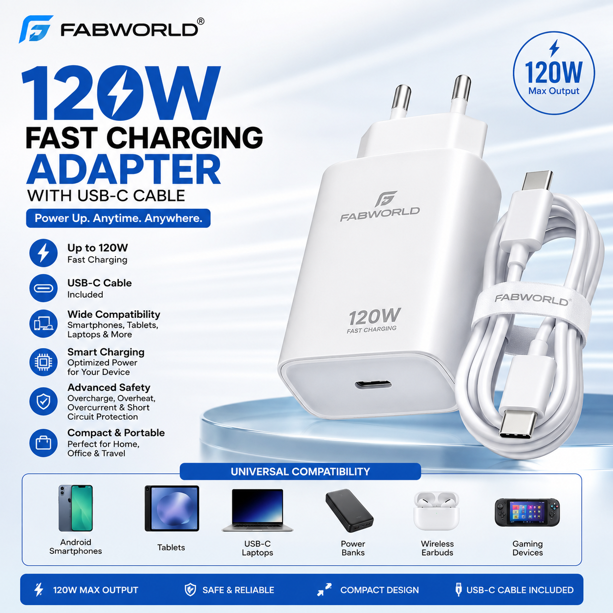 FABWORLD 120W Fast Charging Adapter with USB-C Cable | High-Speed Wall Charger