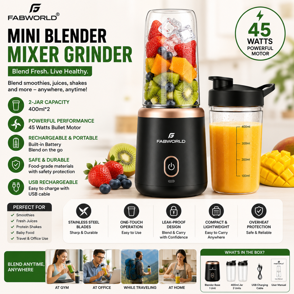 Portable Blender Mixer Grinder – Rechargeable Mini Juicer with 2 × 400ml Jars
