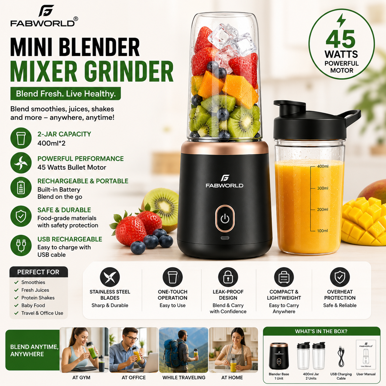 Portable Blender Mixer Grinder – Rechargeable Mini Juicer with 2 × 400ml Jars